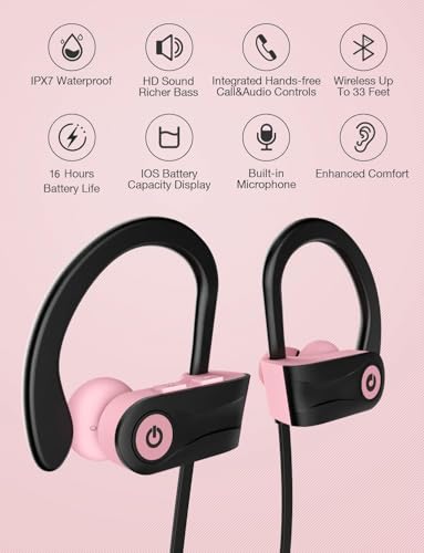 Otium Bluetooth Headphones Wireless Earbuds Headsets Wireless Earbuds Bluetooth Earphones IPX7 Waterproof 15 Hours Playtime Running Sports Workout - color: Rose