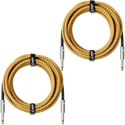 2-Pack 20 Feet Tweed braided 1/4 Inch TS Guitar Cables, Yellow & Brown | Strain relief, Anti-kink, no signal loss, fit electric guitar, bass, amp - color: Yellow, size: 20ft