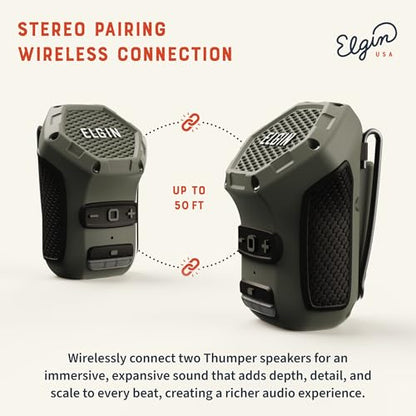 Elgin Thumper Mini Wearable Bluetooth Speaker, 35-Hour Battery Life, 50 ft Wireless Range, Water-Resistant, Magnetic Mount & Clip-On Design with LED Work Light for Jobsite, Outdoor & Everyday Use | 50 ft Wireless Range, 35-Hour Battery Life, Magnetic Moun