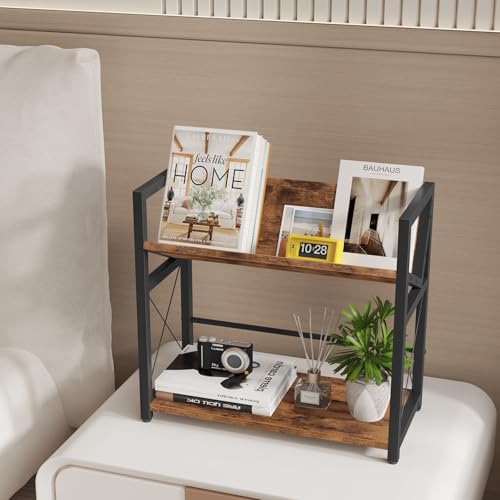 ELITEROO Desktop Bookshelf, 2 Tier Desk Shelf Organizer, Wooden Tabletop Bookcase, Small Desk Top Book Rack for Office, Home, Bedroom, Small Space Storage and Display, Rustic Brown - color: Rustic Brown