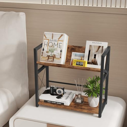 ELITEROO Desktop Bookshelf, 2 Tier Desk Shelf Organizer, Wooden Tabletop Bookcase, Small Desk Top Book Rack for Office, Home, Bedroom, Small Space Storage and Display, Rustic Brown - color: Rustic Brown