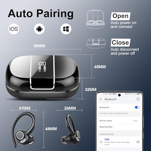 Wireless Earbuds Bluetooth 5.3 Headphones Sports, 48H Over Ear Bud with ENC Mic, Stereo Deep Bass Bluetooth Earbuds with Secure Earhooks, LED Display, IPX7 Waterproof Earphone for Running Ivory Black