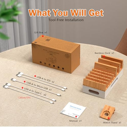 Pezin & Hulin Bamboo Charging Station with 5 Cables-Natural+White - color: Natural + White