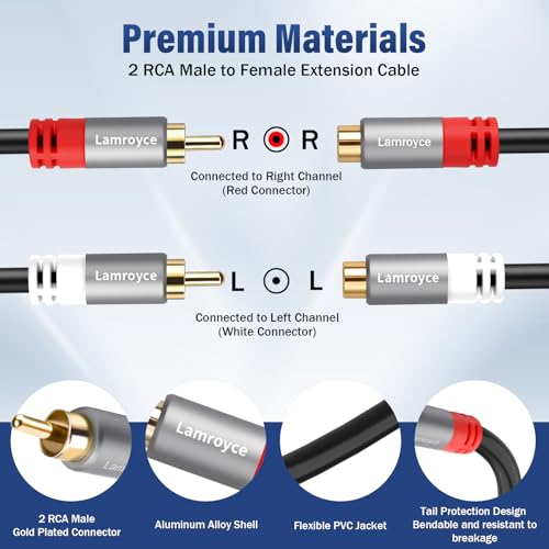 2 RCA Extension Cable 0.6Feet, Dual 2RCA Male to 2 RCA Female Stereo Audio Video Subwoofer Car Audio Extender Cable Connector Adapter for Home Theater, Hi-Fi System, Amplifier, Speaker - style: 0.6 Feet