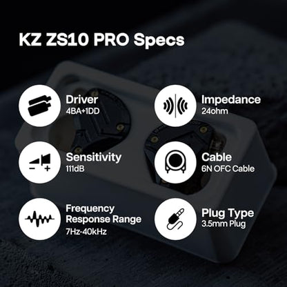 Linsoul KZ ZS10 Pro, 4BA+1DD 5 Driver in Ear Monitor, HiFi Wired Earbuds, Gaming Earbuds, Hybrid IEM Earphones with Stainless Steel Faceplate, Detachable Cable for Musician(Without Mic, Dark Black) - color: Dark Black, style: Without Mic