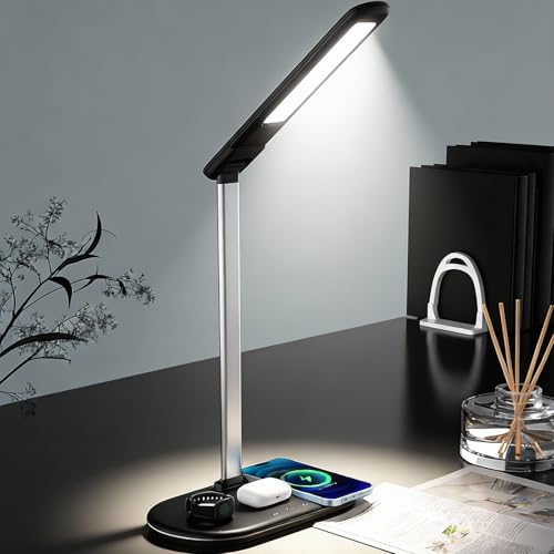 IHAO 3in1 Wireless Charging Eye-Care Desk Lamp 15W Fast Charging Station for Phone, Smartwatch & Earbuds, Touch Control Dimmable LED Light Adjustable Gooseneck, Modern Office Table Lamp-HYT2096 Black - color: Table Lamp 3in1 wireless charger HYT2096 Black