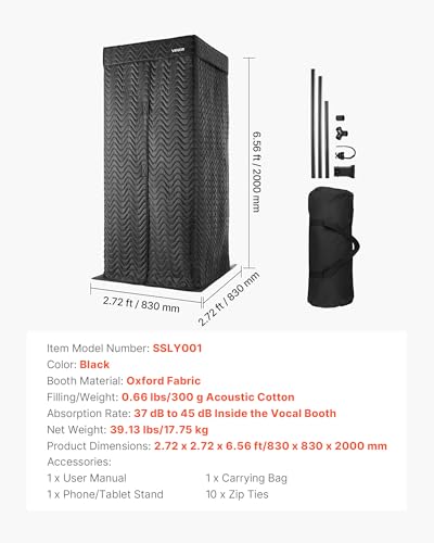 VEVOR Portable Vocal Booth 6.56 ft Height Echo-Free Recording Studio Booth | Thickened Soundproofing, Home Studio/Sound Isolation, with Travel Bag, Mobile Tablet Stand, for Vocals, Podcasts, Voiceovers - size: Vocal Booth