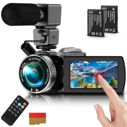 4K Video Camera Camcorder 3.0" Touch Screen Vlogging Camera for YouTube 18X Digital Zoom with External Stereo Microphone, Remote Control, 32G Card &2 Batteries