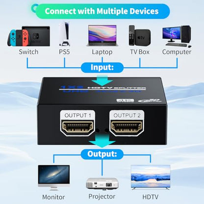 HDMI Splitter 1 in 2 Out 4K, 1x2 Powered HDMI Multi-Port Adapter for Dual Monitor, Support 4K UltraHD 3D HDR, Duplicate/Mirror Screens, Ideal for Xbox Ps5 Ps4 Ps3 Fire Stick Blu-Ray Player HDTV - size: 4K@30 1x2