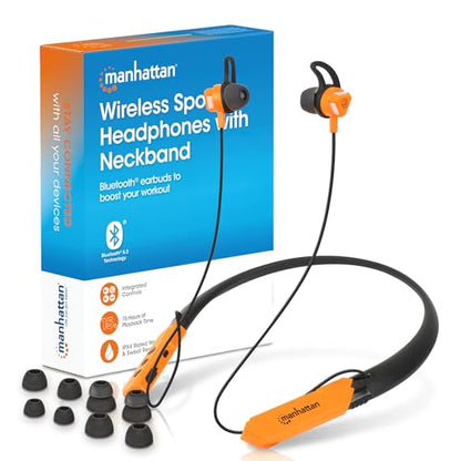 Manhattan Bluetooth 5.2 Neckband Earbuds, 15-Hour Battery, IPX4 Mic - color: Black/Orange