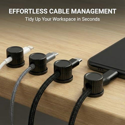 Magnetic Cable Organizer 8-Pack Glossy Black - Rotating Magnetic Clip Cord Keeper for Desk, Nightstand & Car - Adhesive Management System for USB & Power Wires