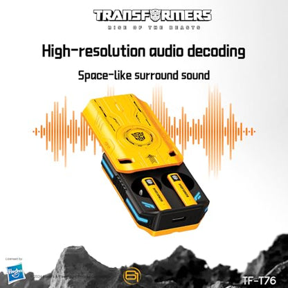 Transformers Earbuds T76, Bluetooth 6.0 Wireless Gaming Earbuds with Mic, Low Latency in Ear Earbuds, 13mm Drivers, HD Calling, 40H Playtime, Zinc Alloy Case (Bumblebee Yellow) - color: Bumblebee Yellow