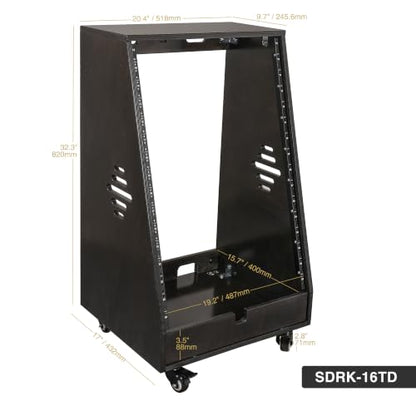 Sound Town DIY 16U Slanted Studio Rack with 2U Lower Storage, Casters, for Home Studio and Recording Room, Baltic Birch Plywood, Black Espresso (SDRK-16TD) - size: 16U,Black Espresso