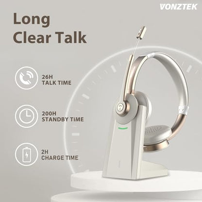 Wireless Headset, Bluetooth Headphones with Microphone AI Noise Canceling/Charge Dock, Wireless Headset with Mic Mute & USB Dongle for Computer Phone Remote Work Office Call Meeting Teams