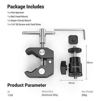 SMALLRIG Super Clamp Mount with Mini Ball Head Mount for Action Cameras | Hot Shoe Adapter with 1/4" screw for Monitors/Lights/Flash, for GoPro, for DJI, for Insta360