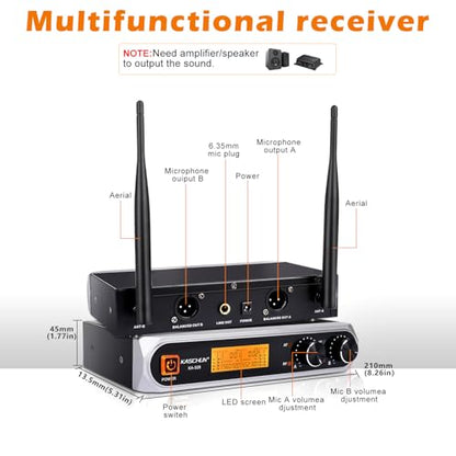 Wireless Microphone System, Fixed Frequency, Dual UHF Handheld Microphones, 200ft Long Range, Plug & Play, Cordless Microphone for Singing, Karaoke, DJ, Church, Wedding, Home KTV