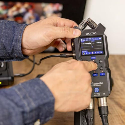 Zoom H4essential 32-Bit Float Recorder Bundle with StreamEye PDM-3 Dynamic Broadcast Mic, Tripod Stand, XLR Cable, Headphones — Podcast Mic Kit for Podcasting, Voice Over, Streaming, Field Recording