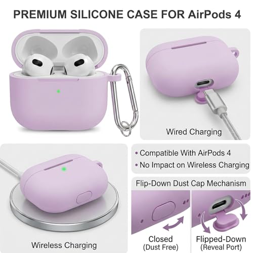 Silicone Case Cover for AirPods 4th Gen, Soft Skin with Cleaner Kit, Keychain, Full Protection for Men & Women (Lavender) - color: B5-Lavender