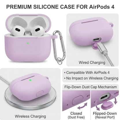 Silicone Case Cover for AirPods 4th Gen, Soft Skin with Cleaner Kit, Keychain, Full Protection for Men & Women (Lavender) - color: B5-Lavender