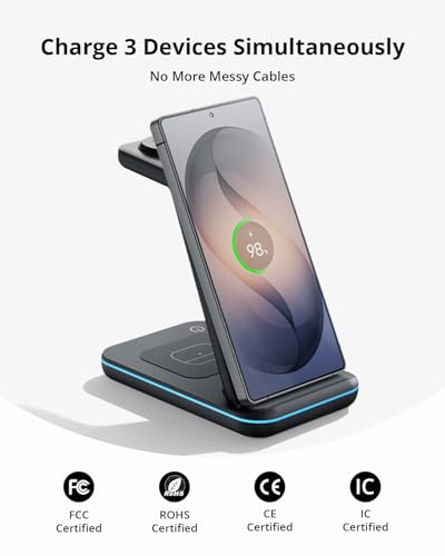 Wireless Charger for Samsung&Android: JoyGeek 3 in 1 Charging Station for S26/S25/S24/S23/S22/S21/S20/Note20/Z Fold&Flip, Galaxy Watch8/7/6/5/4/3/Active2/1, Buds 3 Pro - color: Black