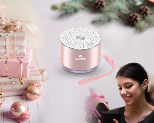 XLEADER Mini Bluetooth Shower Speaker, IPX6 Waterproof Speaker, with RGB Lights, Mic, Portable Silicone Lanyard, Suction Cup, Clear Sound&Rich Bass, 12h Playtime, Small Pink Gifts for Girls Women - color: Pink Rose Gold