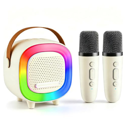 Kids Karaoke Machine Toy Ages 3-12, Mini 2 Wireless Mics Bluetooth Speaker | LED Party Lights, Voice Changer, Duets, BT 5.3, Rechargeable Portable, Christmas Birthday Gifts for Toddler Boys & Girls - color: Off-White - 2 Mics