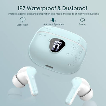 Wireless Earbuds, Bluetooth 5.4 Headphones HiFi Stereo, Bluetooth Earbuds | With ENC Noise Cancelling Mic, IP7 Waterproof in Ear Earphones,48H, LED Display Ear buds for Pad Phones Workout Sports, Azure - color: Azure