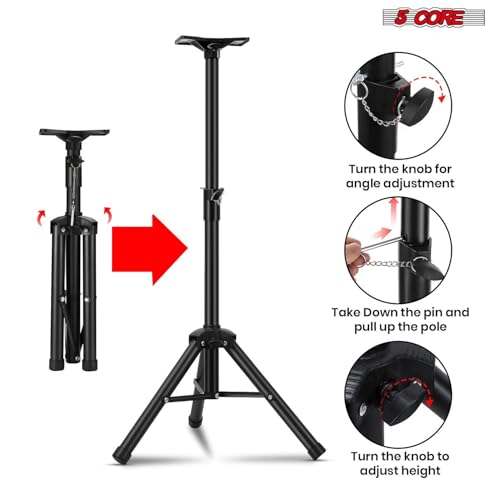 5 Core Speaker Stand Pair Universal Mount Steel Construction 132 Lb Capacity Stable Tripod w/Adjustable Height 36” w 35mm Compatible Insert Metal Safety Pin Included Bag - color: BLACK