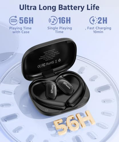 Open Ear Earbuds, Soft Earhook, 56H Playtime, Bluetooth 6.0, Bass - color: Black