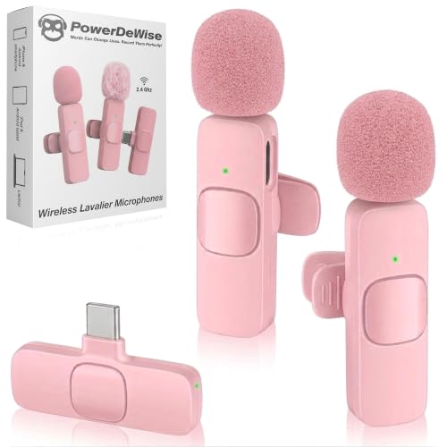 PowerDeWise Wireless Lavalier Microphone for iPhone & Android, 2 Pack Pink Mini Mic, USB-C/Lightning Clip-On Microphone, AI Noise Cancellation, 70FT Range for TikTok YouTube Podcast Vlog - style: Wireless Set Pink