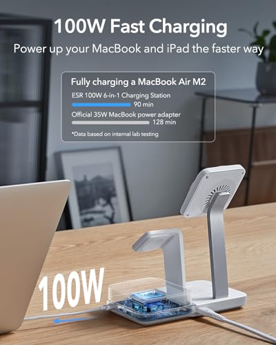 ESR 100W 6-in-1 GaN Charging Station with CryoBoost, for iPhone 17-12 | Compatible with MagSafe Charger Stand, Magnetic Wireless Charger for iPhone, Apple Watch, AirPods Pro/3/2, Classic White