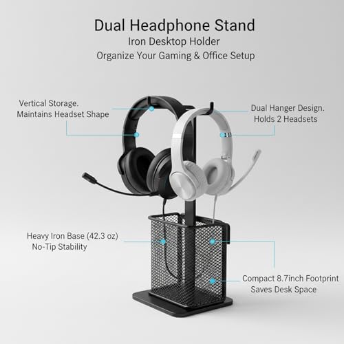 Dual Headphone Stand for Desk, Heavy Duty Iron Holder for 2 Headsets, Vertical Gaming & Office Organizer, Black Metal Rack (8.7 x 4.7 x 11 in)