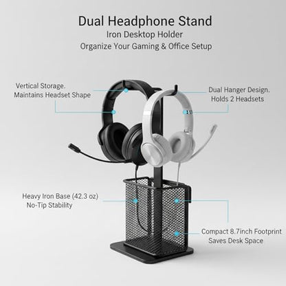 Dual Headphone Stand for Desk, Heavy Duty Iron Holder for 2 Headsets, Vertical Gaming & Office Organizer, Black Metal Rack (8.7 x 4.7 x 11 in)