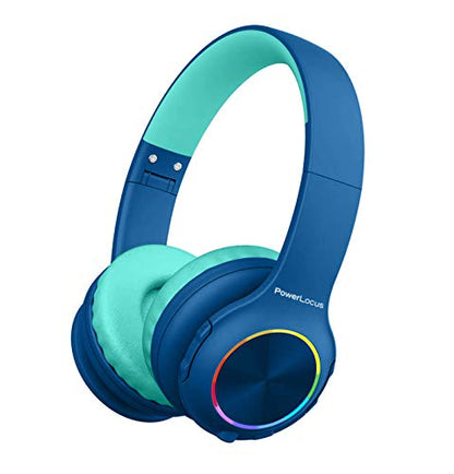 PowerLocus PLED Kids Bluetooth Headphones, Kids Wireless Headphones with LED Lights, 74/85/94dB Safe Volume, Micro SD, AUX Cable, Hi-Fi Stereo, Built-in Mic Over Ear Kid Headphone for Travel/Tablet/PC - color: Blue