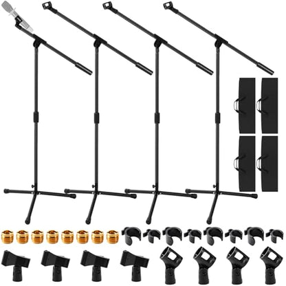 Relaxweex 4 Sets Mic Stand Adjustable Boom Arm Microphone Stand with Tripod Base Boom Microphone Stands Height Adjustable 32.7-90.5 Inch with Mic Clips 3/8"-5/8" Adapter for Singing Performance Stage