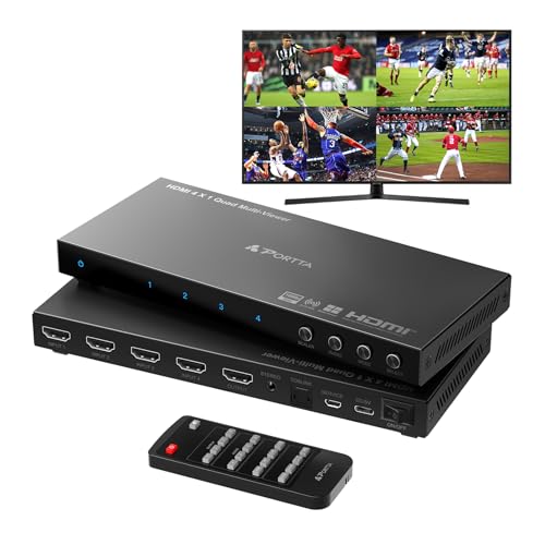 HDMI Multiviewer Switch 4x1 with PIP, PORTTA Quad Multi Viewer Seamless Switcher 4 in 1 Out with Toslink, 3.5mm Audio Output Support 1080p 60Hz, 6 Viewing Modes, Downscaler, Compatible with PS4 Xbox - size: Multiviewer 4x1 1080P