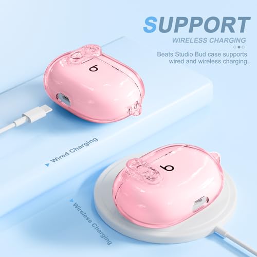 for Beats Studio Buds/Studio Buds Plus Case Cover with Lock, Clear Pink | Protective Cover for New Beats Studio Buds + Wireless Earbuds Case with Keychain & Cleaner Kit (2021/2023) - color: Clear Pink+P