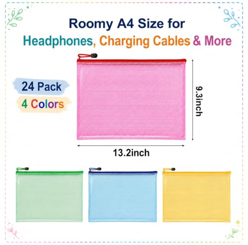 24 PCS Classroom Headphone Storage Bags, Large Mesh Zipper Headphone Bags with Loops and Number Labels, Colorful Headset Organizer Pouches for School, Library and Learning Center