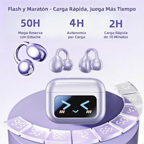 M100 Clip On Earbuds with Touchscreen Case , Open Ear Wireless Headphones for Glasses & Small Ears ,50H Total Battery, Bluetooth 6.0, IPX7 Waterproof,Ultra-Light 4g for Running & Workouts,purple - color: Purple