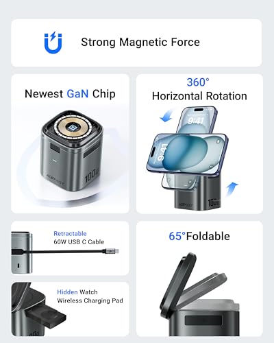 ACEFAST 6-in-1 100W GaN Fast Charging Station for iPhone 17 16 Series,with USB C Retractable Cable,Qi2 25W Magnetic Wireless Charger Desktop Stand for iWatch/for Samsung Galaxy Watch/Airpods