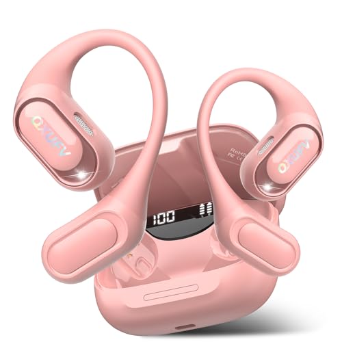 Open Ear Headphones, Bluetooth Wireless Earbuds,Pink | HiFi Stereo Open Ear Buds with HD Mic, 50H LED Power Display Air Conduction Earbuds - color: Pink
