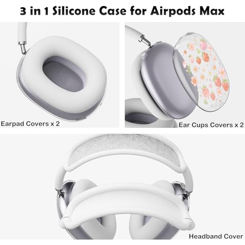 for AirPods Max Headphones Strawberry Ear Covers for AirPods Max 2 | Cute Flower Clear Ear Cups Cover | White Silicone Ear Pad Case Headband Cover for Apple AirPods Max 2/1 (2026/2024/2020) - color: Strawberry B/White