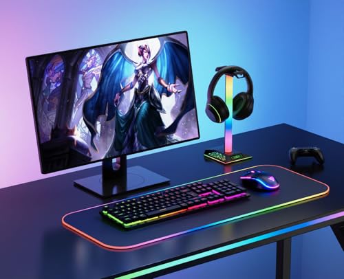 RGB Gaming Headset Stand, LED Headset Holder with 10 Lighting Modes, Headphone Stand Cool Stuff for Boys, Desk PC Gaming Accessories Gifts for Gamers Men Adult, Medium - color: White Black