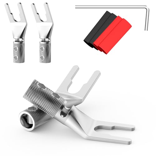 4PCS Spade Connector,45 Degree Pure Copper Audio Fork Y Spade Plug DIY with Heat Shrink Tubing and Hex Wrench,Double Screw Locking Speaker Cable Plug for Speaker Cables (Knurled Rhodium Plated) - color: Rhodium Plated Knurled Style