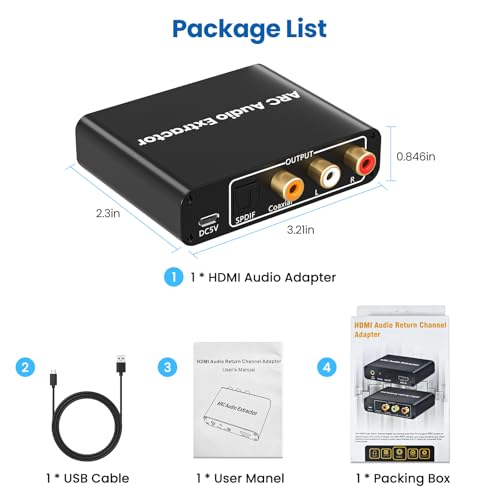 192KHz HDMI ARC Audio Extractor,ARC to Optical Coaxial RCA Adapter for TV | Includes Power Cord;Supports Digital Optical (TOSLINK), SPDIF, Coaxial, and Analog 3.5mm RCA Stereo output - size: ARC-N