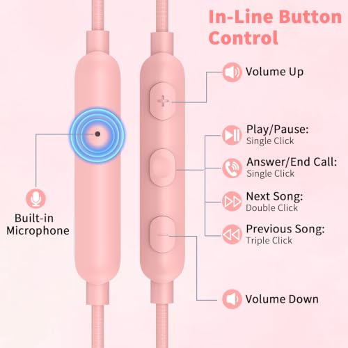 3.5mm Wired Headphones for Laptop School Kids Earbuds with Case Mic - color: Pink