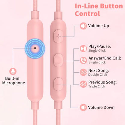 3.5mm Wired Headphones for Laptop School Kids Earbuds with Case Mic - color: Pink