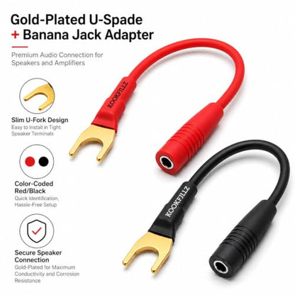 Spade to Banana Plug Cable 4-Pack 24K Gold OFC | 8-Inch, 13AWG, 24K Gold-Plated, OFC Pure Copper, 45-Degree Angled, Color-Coded, Amplifier, AV Receiver, Home Theater