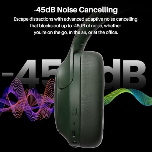 TOZO HT3 Hybrid Noise Cancelling Wireless Headphones, 90H Over Ear Headset | Hi Res Audio, AI Voice Assistant, Dual Device Connection, 32 Custom EQs, Built In 5 Mics, ANC, Foldable, Bluetooth 6.0 - color: Green