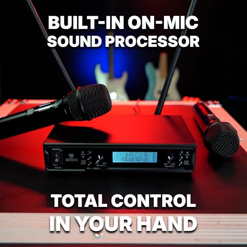 Rockville RWM-200 H2 Dual Handheld UHF Microphone System, 200 Channels, On-Mic 3-Band EQ & Echo, up to 500ft Range, XLR Outputs, Cardioid Mics, Full Metal Build, Ideal for Events, DJ, Karaoke | 200 Channels, XLR/1/4" Outputs, 500' Range, Metal Receiver, B
